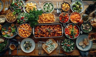 Overhead view of various fresh homemade food on table at home during potluck