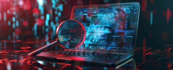 Analyzing digital data on a laptop with a magnifying glass in a high-tech environment