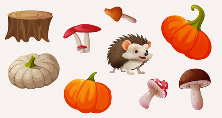 Cute set with a hedgehog. Mushroom and pumpkin design. Vector illustration of hemp