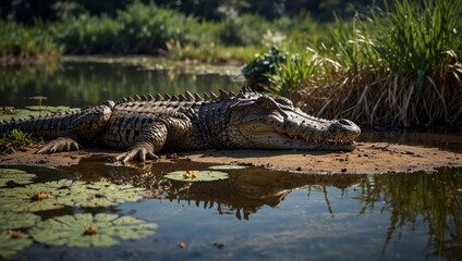 Crocodiles Sunbathing on the Riverbank in the Wetlands