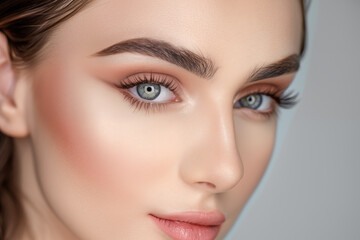 Fototapeta premium Close-up of a womans face, focusing on her right eye and eyebrow. Her skin appears smooth and flawless, and her eyebrows are perfectly shaped and defined. Studio setting.