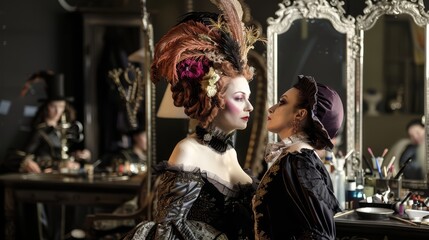 Opera singers in full costume and makeup rehearsing a duet in a backstage dressing room
