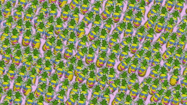 Seamless animation of a funny pineapples with sunglasses.  Funny summer background cartoon with psychedelic pattern