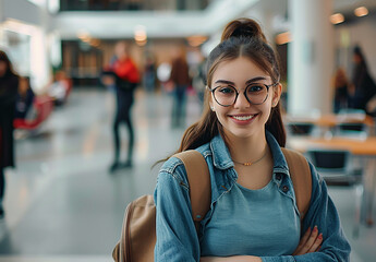 Photo of young beautiful smiling student , college woman girl
