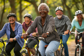 Joyful seniors riding bicycles in a park, showcasing health, happiness, and an active lifestyle in a serene natural setting.
