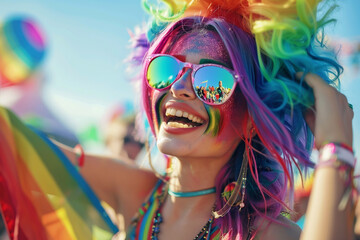 Obraz premium Woman with rainbow hair and colorful makeup at a vibrant festival, expressing joy and freedom, perfect for diversity and celebration themes.