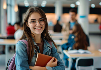 Photo of young beautiful smiling student , college woman girl