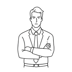 single line drawing of a businessman with his arms crossed, focusing on line art vector illustration 