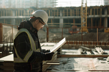 Construction worker wearing a helmet and reflective vest, examining blueprints at a construction site. The background shows the structure of a building under development, highlighting 