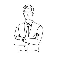 single line drawing of a businessman with his arms crossed, focusing on line art vector illustration 