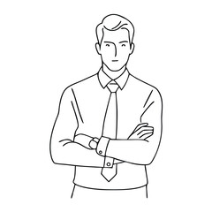 single line drawing of a businessman with his arms crossed, focusing on line art vector illustration 