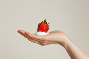 A hand holding a strawberry with cream on a plain white background, highlighting the simplicity and elegance of this dessert. Copy space available.