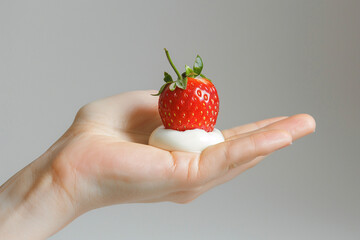 A hand presenting a strawberry with cream against a grey background, emphasizing the delicious and fresh quality of the dessert. Copy space available.