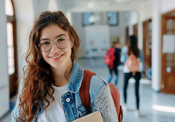Photo of young beautiful smiling student , college woman girl