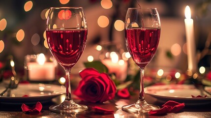 Two_glasses_of_wine_and_a_rose_between_them_on_a_candlelignt_background