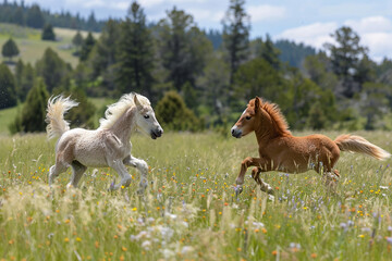 Obraz premium Two foals, one white and one brown, playfully running in a meadow filled with wildflowers, with a backdrop of pine trees under a bright blue sky.