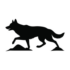 silhouette of a running wolf on a mountain, all in black color, isolated on a white background 