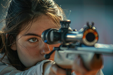 Sports shooting at the Olympic Games. A woman aims at a target with an air rifle