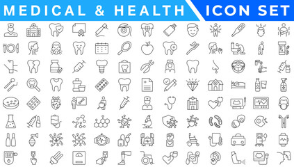 Medical editable stroke outline Icons set. Hospital, patient, medicine, pharmacy, nurse, prescription, ambulance, pills and medical report. Vector illustration