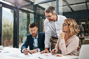 Employees, people and boardroom with documents for strategy with teamwork and collaboration....