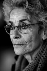 Obraz premium Black and white photo in old movie style, vertical portrait of an elderly lady, close-up
