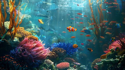 marine style wallpaper, with corals, swimming fishes, vivid colors