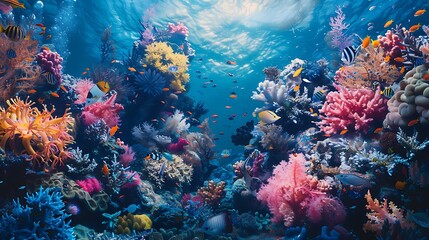 marine style wallpaper, with corals, swimming fishes, vivid colors