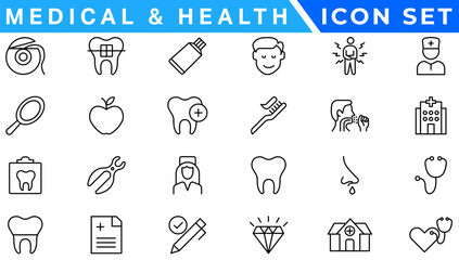 Medical editable stroke outline Icons set. Hospital, patient, medicine, pharmacy, nurse, prescription, ambulance, pills and medical report. Vector illustration