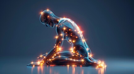 3D X-ray model of human body kneeling with glowing points highlighting energy flow