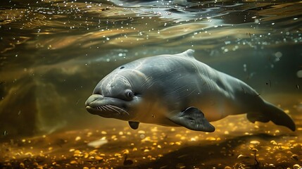 Fototapeta premium Yangtze finless porpoise swimming in a river, endangered species