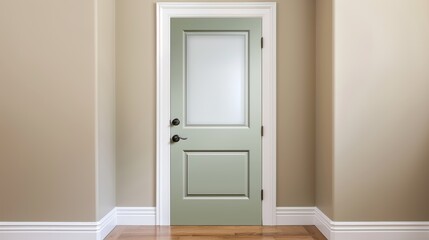 Elegant light green double door with small frosted glass panels, beige walls, and wood-grain floors, inviting and cozy atmosphere, focus cover all object, deep dept of field