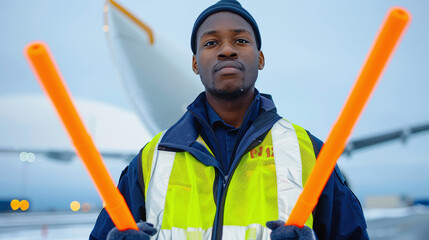 portrait of a black male runway attendant guiding airplane to land safely