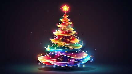 A brightly colored Christmas tree with lights and a star on top against a dark background