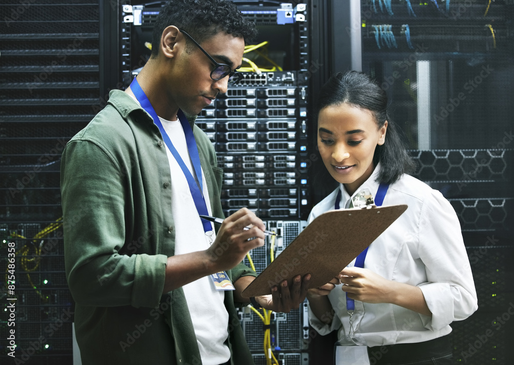 Poster Computer center, team and data engineer with checklist, collaboration and people as programmer. Technician, clipboard and hardware security in server room for system update, analytics or maintenance