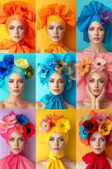 Fashion Models: collage of various models over colorful vivid backgrounds. Fashion. Beauty. Cosmetics. 