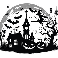 Spooky Halloween Night with Witch Flying Over Haunted House, Jack-o'-Lanterns, and Bats. Black and White October, Autumn Vector.