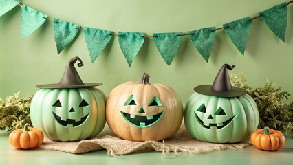 Bright halloween composition with pumpkins and flag garland and fall decorations, perfect for holiday cards and halloween invitations, advertising campaigns and banners, blog design and decoration.