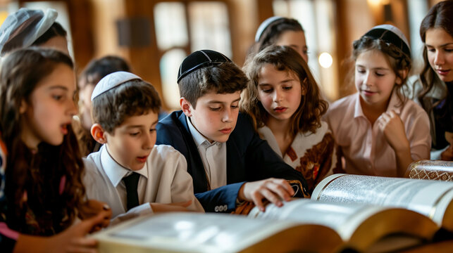 A Bar/Bat Mitzvah celebration with the young person reading from the Torah, surrounded by family and friends with copy space