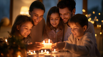 Fototapeta premium Family lighting Shabbat candles together, creating a warm and intimate scene with copy space