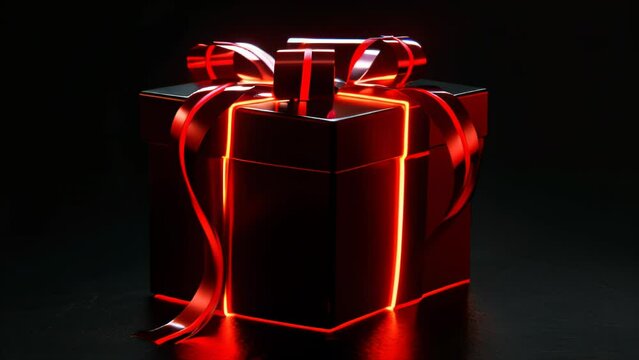 Animation BLACK FRIDAY gift background on black , rel ribbon, glowing present box, retail promotions, discount events and social media marketing Big sale offer