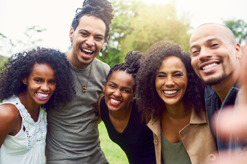 Outdoor, black people and excited for selfie, bonding and fun in college reunion, party and portrait. Nature, friends and photography for memory of anniversary together, group and smile in park