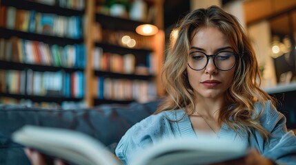 A blonde-haired woman with glasses is absorbed in reading a book while sitting on a light blue sofa in a spacious room adorned with bookshelves and warm lighting.
