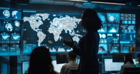 Businesswoman giving a presentation in a high-tech office with multiple screens