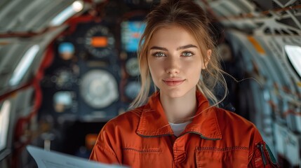 A close-up of a woman pilot smiling confidently inside an aircraft cockpit, surrounded by various flying instruments, representing professionalism and modern aviation expertise.