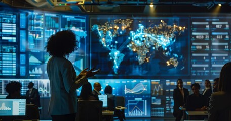 Businesswoman giving technology presentation in modern control center with global digital maps