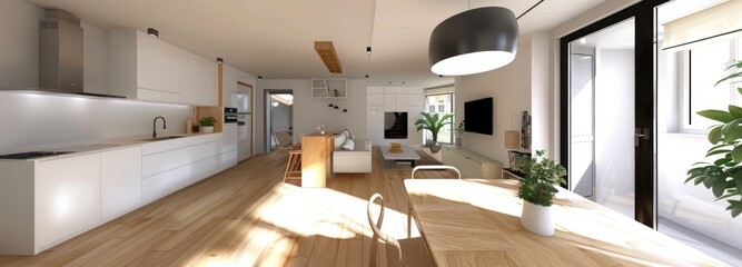 Fototapeta premium The view from the balcony in Neubau Apartment has a panorama of the inside of the penthouse with its kitchen and sofa