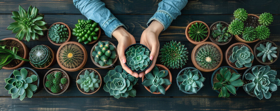 Person arranging succulent plants in various terracotta pots on dark wooden table. Diverse shapes and green hues create an aesthetically pleasing and organized display
