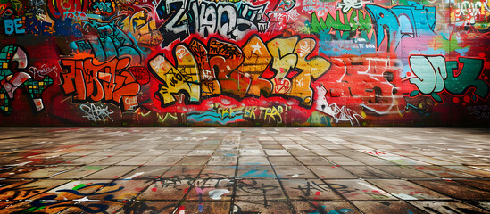 Fototapeta premium Image of a wall full of graffiti in a suburb or urban area. Generative Ai.