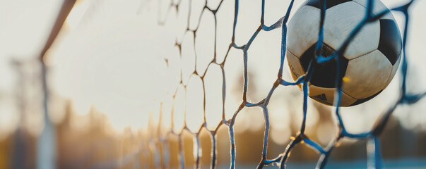 Soccer ball hitting the net of a goal post during sunset. The background is blurred, highlighting the moment of scoring
