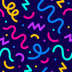 Confetti seamless vector pattern. Geometric kid style background with different geometric shapes. Memphis seamless confetti pattern. Bright and colorful, 90s style. Vector background